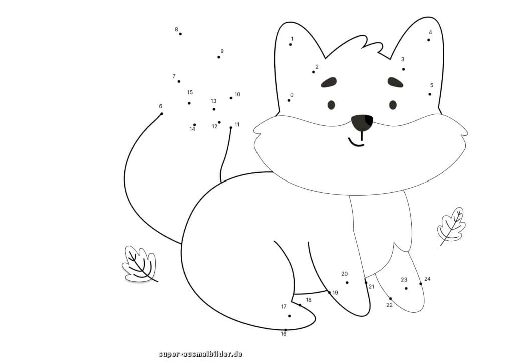 Punkte verbinden Fuchs niedliche Zählübung zum Zahlenlernen und Ausmalen für Vorschulkinder, kostenlose Druckvorlage zum Lernen und Spielen