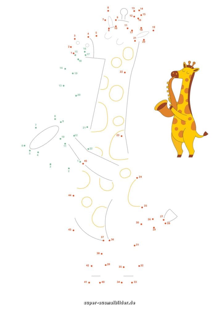 Punkte verbinden Giraffe mit Saxofon – lustige Lernvorlage zum Ausdrucken und Ausmalen