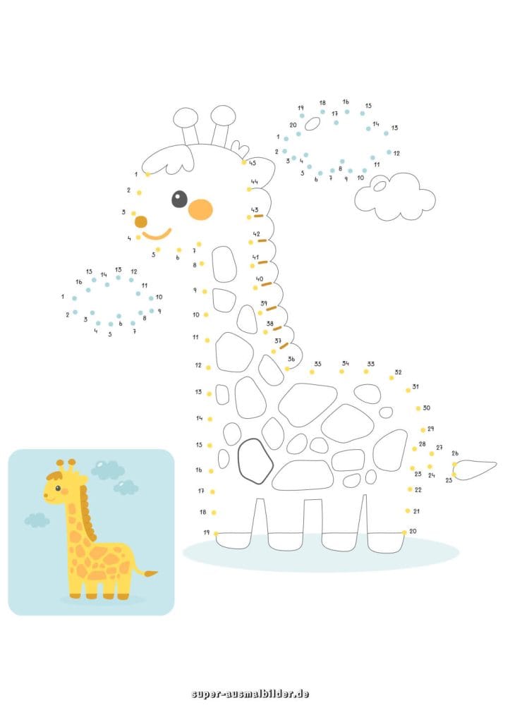 Punkte verbinden Giraffe – süße Vorlage zum Zählen, Nachzeichnen und Malen