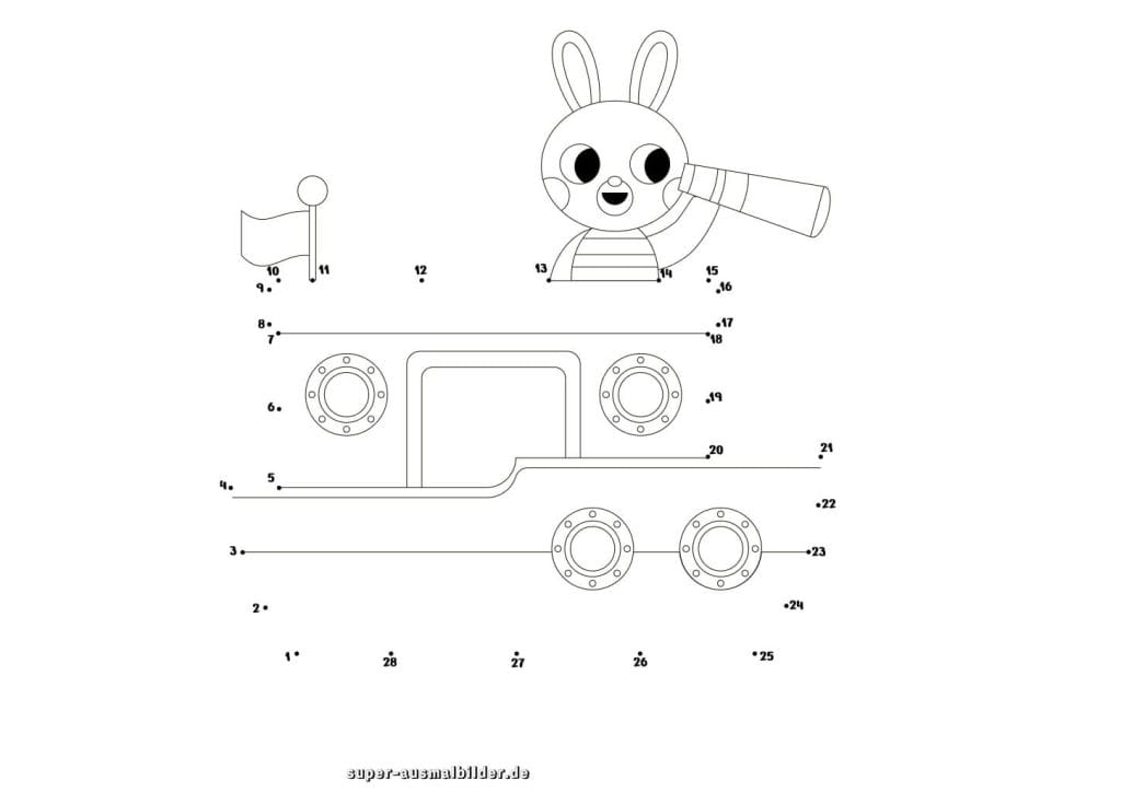 Punkte verbinden Hase auf dem Boot kreative Lernvorlage zum Zählen und Malen, perfekt für kleine Entdecker im Vorschulalter, kostenlos drucken