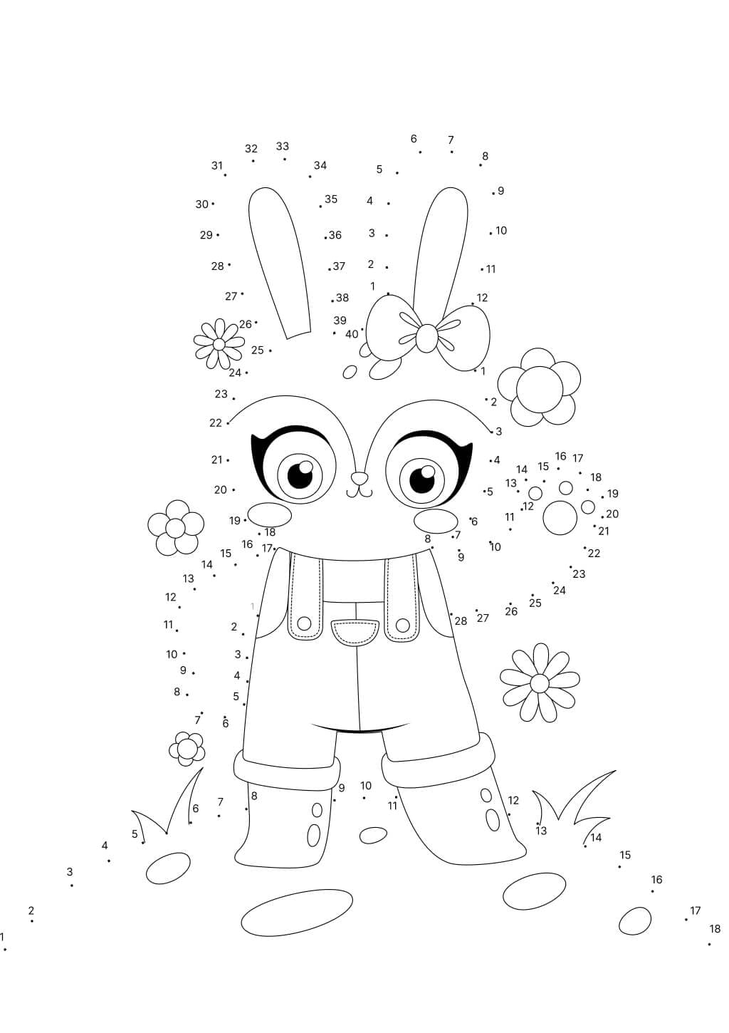 Punkte verbinden Hase süßes Lernblatt mit Blumen und Zahlen zum Verbinden und Ausmalen, ideal für Mädchen und Jungen im Vorschulalter