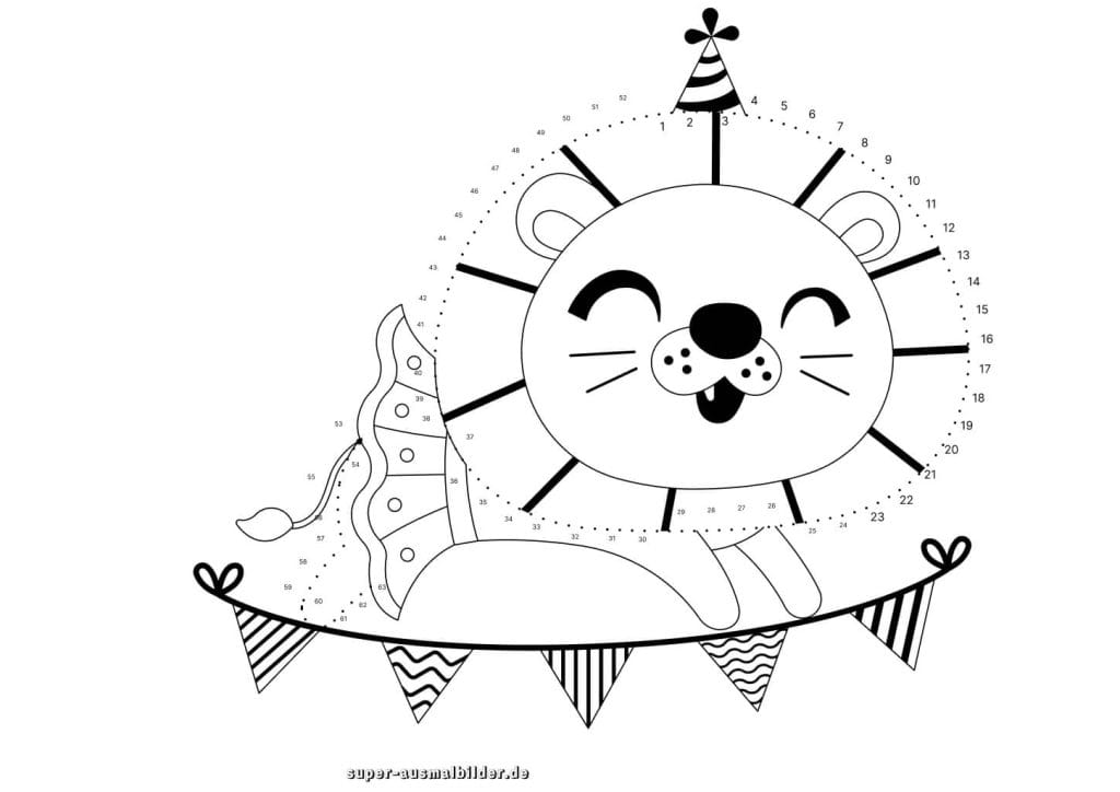Punkte verbinden Löwe mit Partyhut fröhliches Lernbild für Kinder zum Zählen und Malen, kostenlos zum Ausdrucken