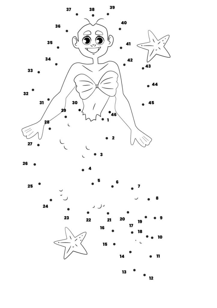 Punkte verbinden Meerjungfrau kreative Zählübung und Ausmalvorlage für Kinder, spielerisch Zahlen verbinden und malen, gratis herunterladen