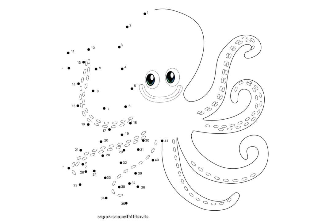 Punkte verbinden Oktopus fröhliche Unterwasser Malvorlage zum Zählen und Ausmalen, ideal für Kinder im Kindergarten oder Zuhause, gratis herunterladen