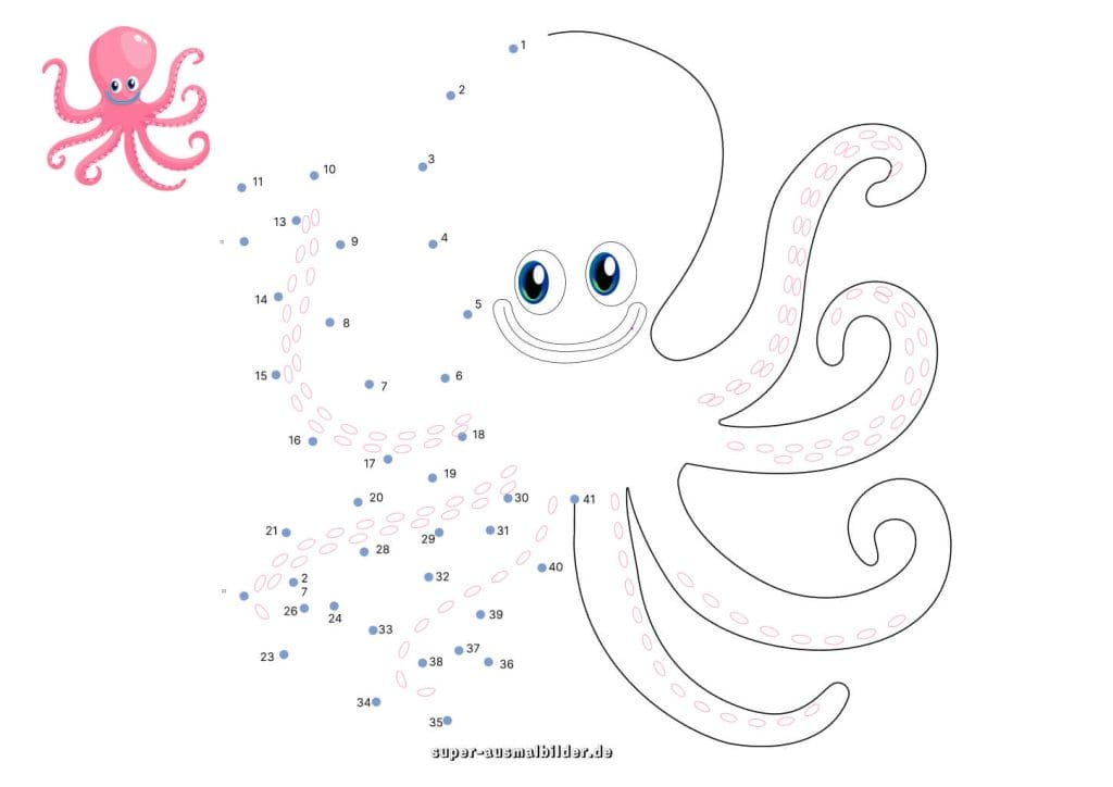 Punkte verbinden Oktopus – Unterwasser Arbeitsblatt kostenlos für Kinder zum Ausdrucken