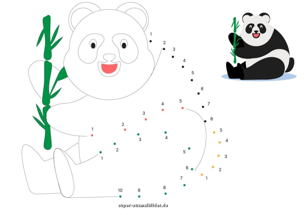 Punkte verbinden Panda – gratis Lernvorlage zum Nachzeichnen und Ausmalen für Kinder