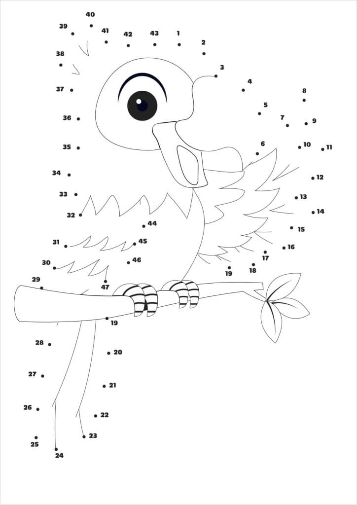 Punkte verbinden Papagei fröhliche Vorlage mit Zahlen zum Nachzeichnen und Ausmalen für Kinder, ideal für Kindergarten und Vorschule