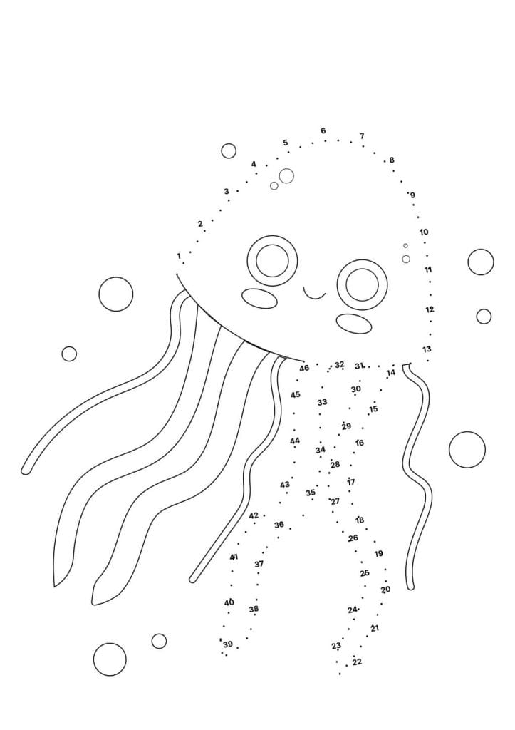 Punkte verbinden Qualle niedliches Unterwasser Malbild zum Zahlen lernen und Ausmalen für Kinder, kostenlos zum Download und Drucken