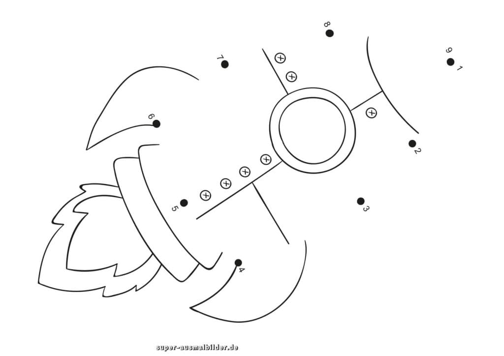 Punkte verbinden Rakete einfache Vorlage zum Zählen lernen und Ausmalen, perfekt für kleine Weltraumfans