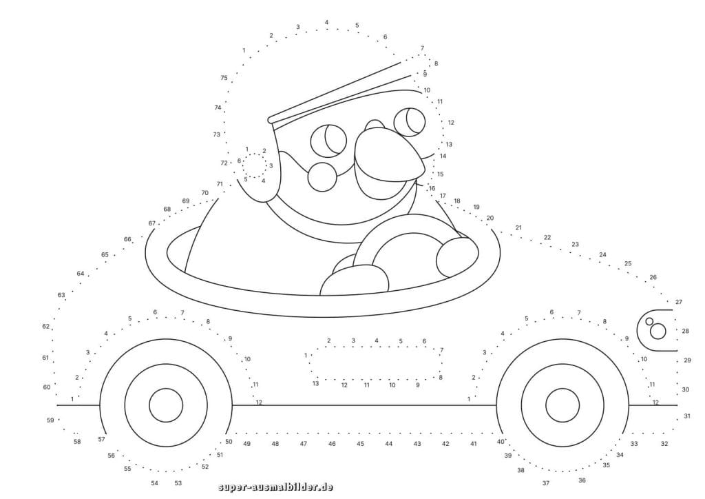 Punkte verbinden Rennfahrer im Auto spannendes Ausmalbild zum Verbinden der Zahlen und Trainieren der Feinmotorik, gratis zum Ausdrucken