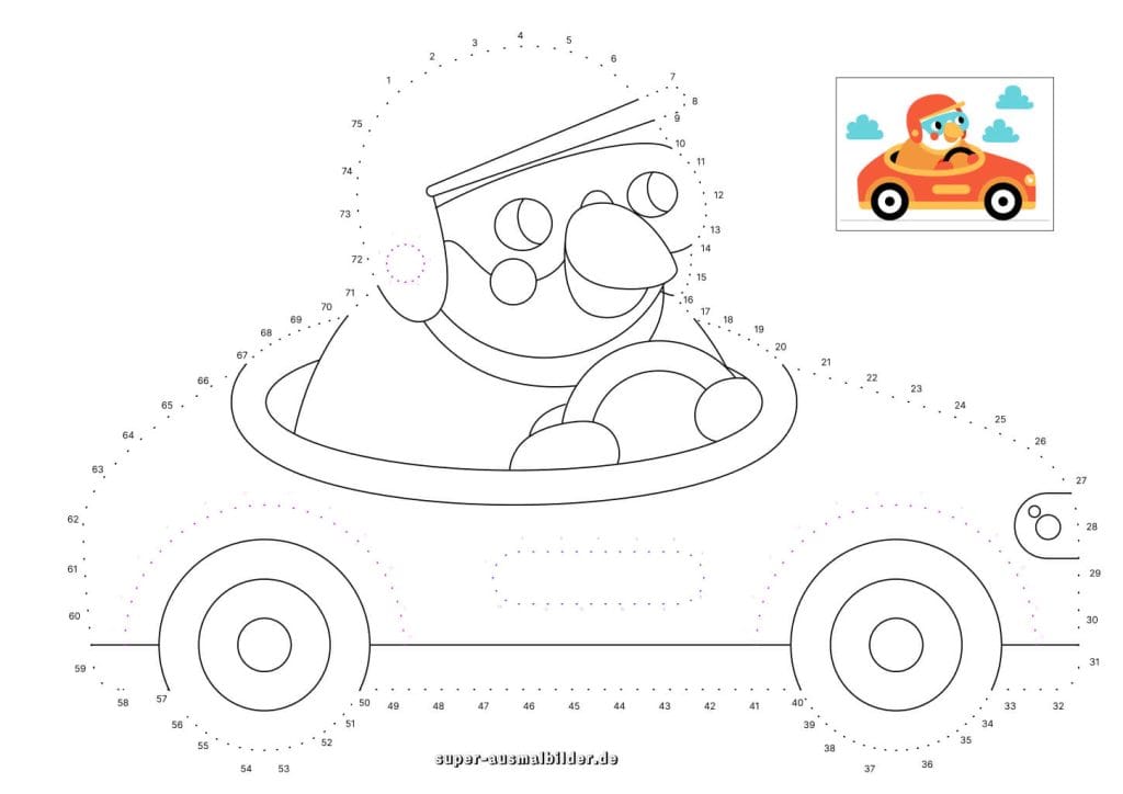 Punkte verbinden Rennfahrer im Auto – Lernübung für Kinder mit Zahlen und Linien