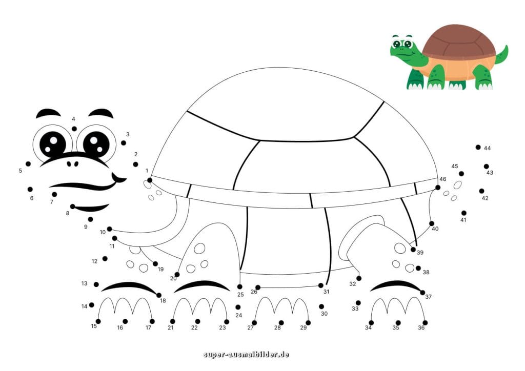 Punkte verbinden Schildkröte – gratis Arbeitsblatt zum Zahlenverbinden und Ausmalen