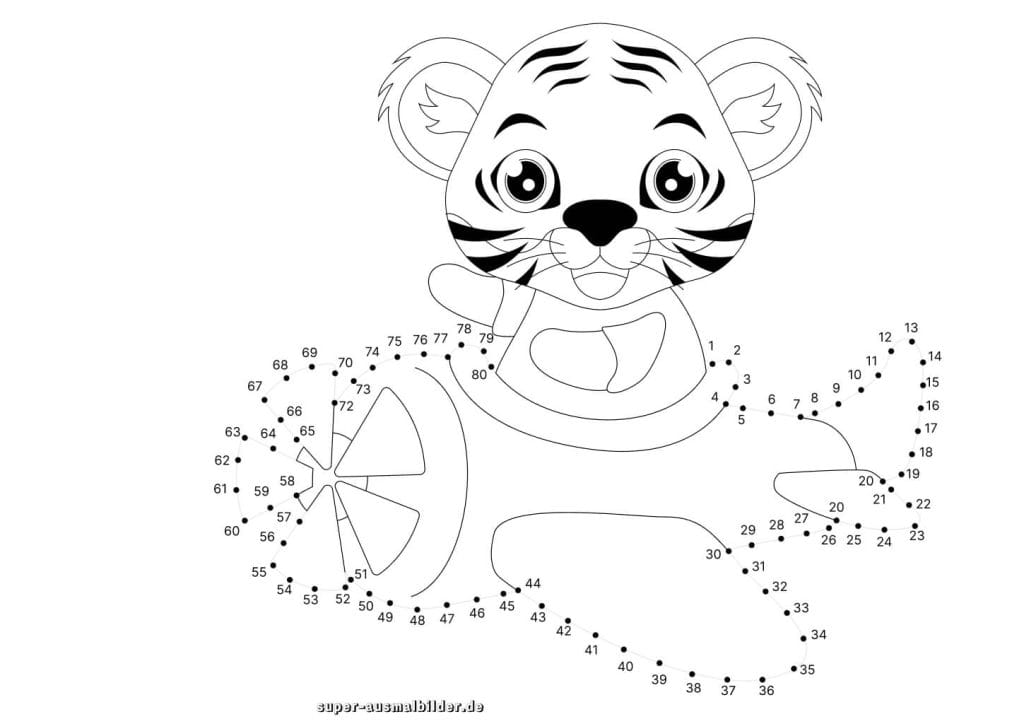 Punkte verbinden Tiger im Flugzeug niedliche Zählübung und Ausmalbild für Vorschulkinder, spielerisch Zahlen lernen und malen