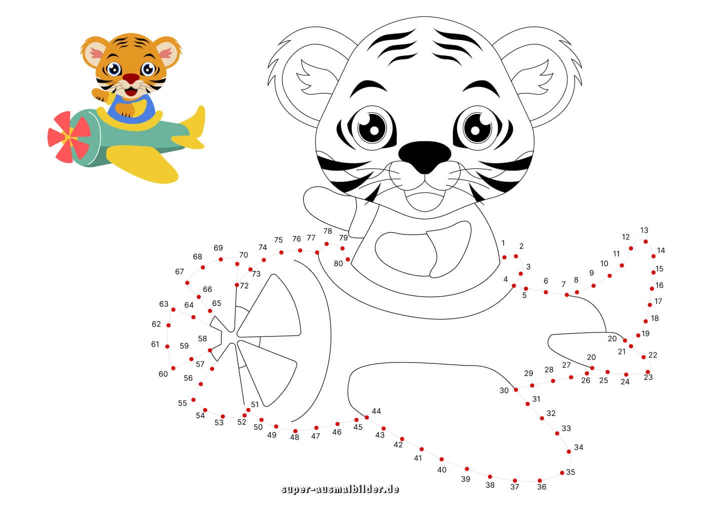 Punkte verbinden Tiger im Flugzeug – lustige Übung für Kindergartenkinder kostenlos drucken