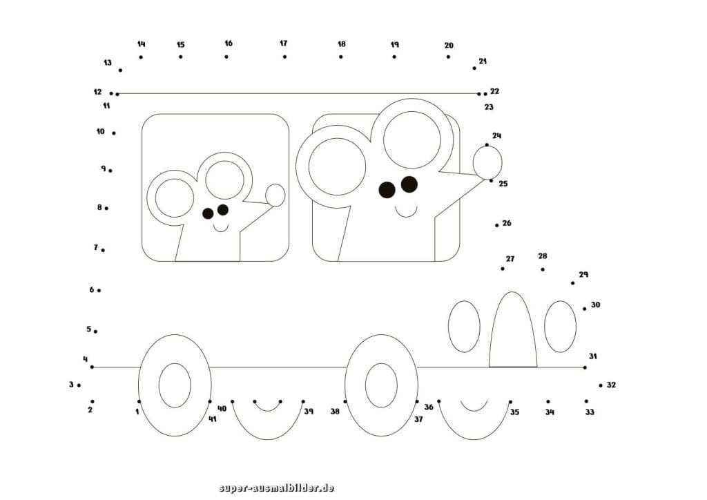 Punkte verbinden Zug mit Mäusen kreative Zählübung und Malvorlage für Kinder, ideal zum spielerischen Zahlenlernen und kostenlosen Ausdrucken