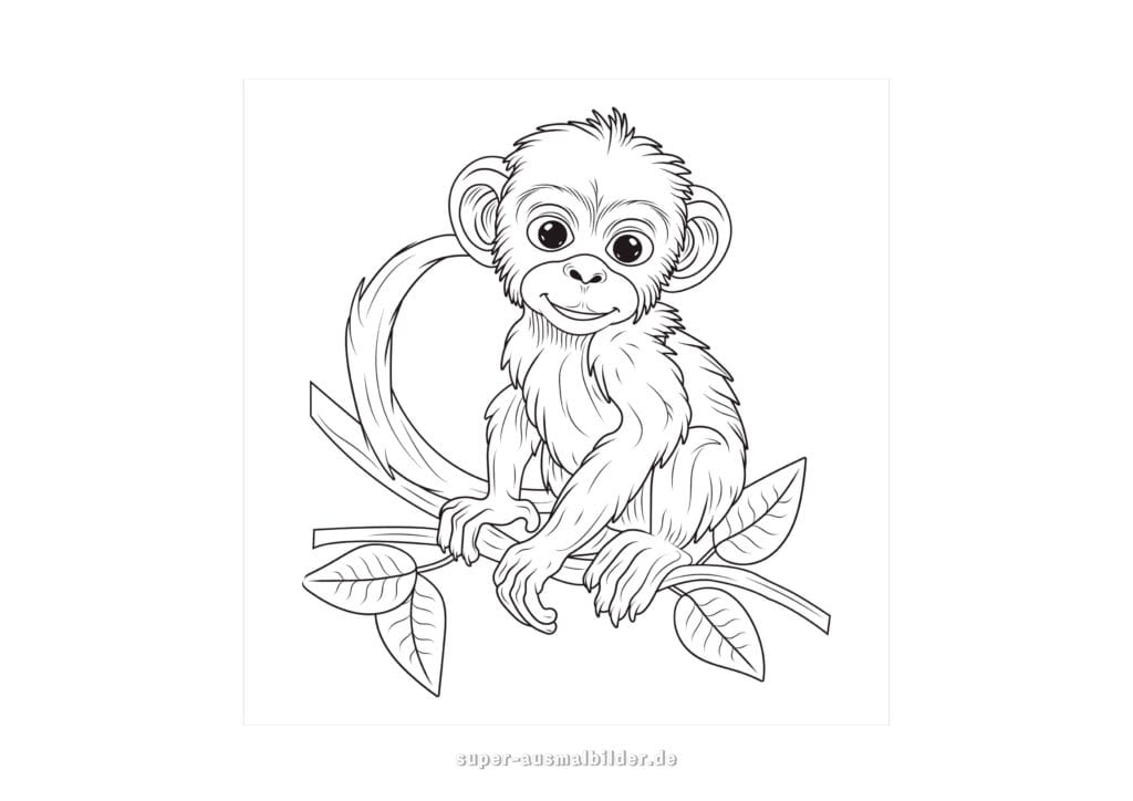 Realistisches Ausmalbild Affe – flauschiges Äffchen sitzt auf einem Ast mit Blättern, Malvorlage zum Ausmalen für Kinder