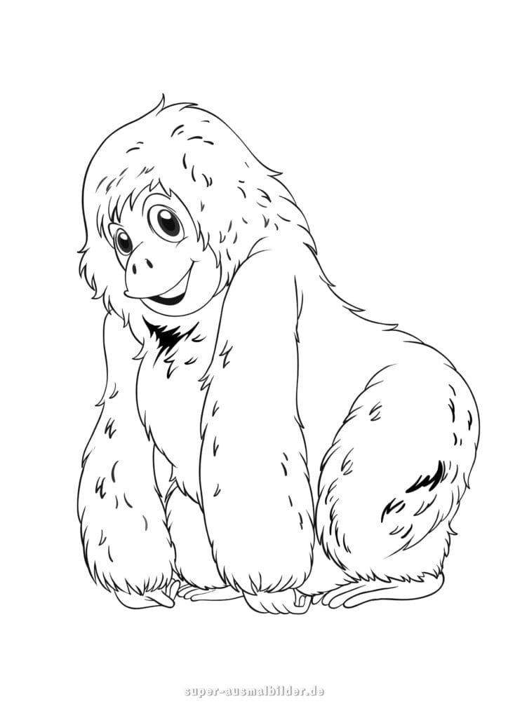 Realistisches Ausmalbild Affe – großer flauschiger Orang Utan sitzt und lächelt, Malvorlage kostenlos für Kinder
