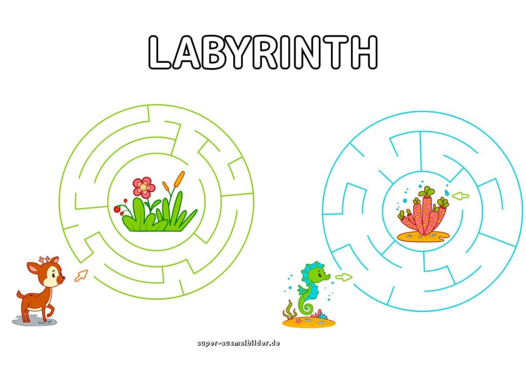 Reh und Seepferdchen Labyrinth einfache runde Labyrinthspiele zum Drucken für Kinder