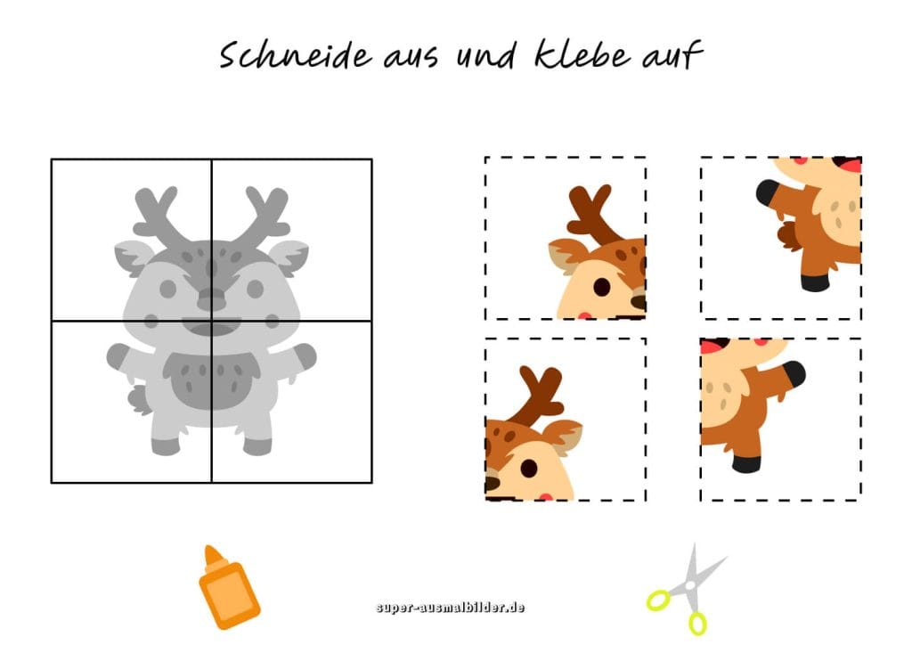 Rentier Ausschneideaufgabe für Kinder Bastelblatt zum Schneiden und Kleben, kostenlos herunterladen und ausdrucken