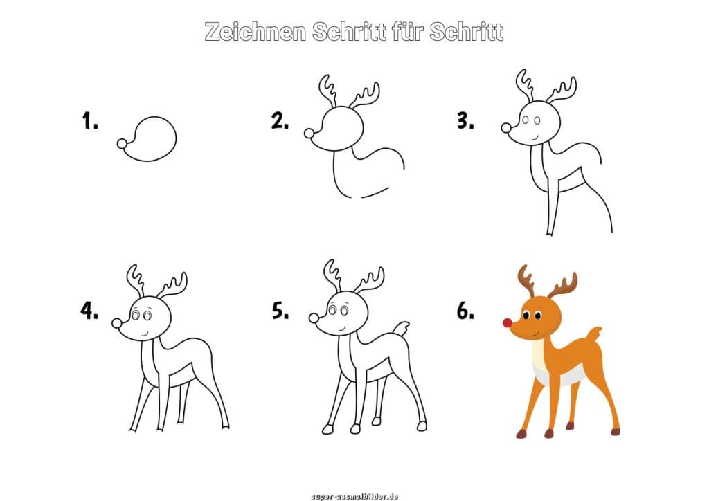 Rentier zeichnen Schritt für Schritt – einfache Anleitung für Kinder, um ein liebes Rentier in sechs Schritten zu malen