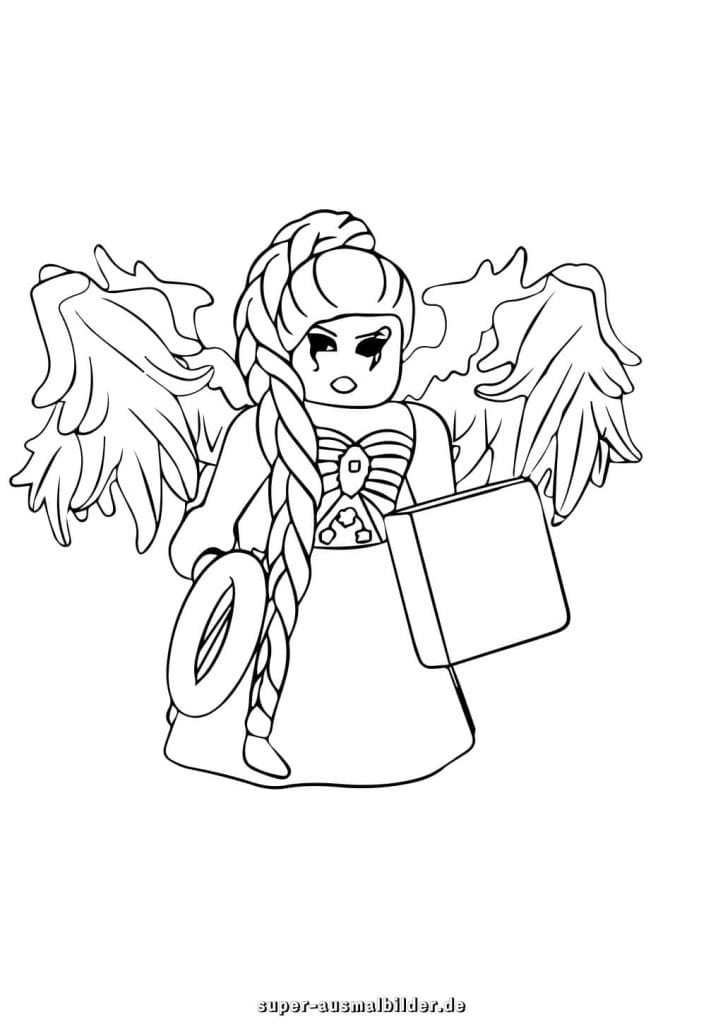 Roblox Ausmalbild – Fliegender Engel mit Flügeln und Zopf, kostenlose Malvorlage für Mädchen