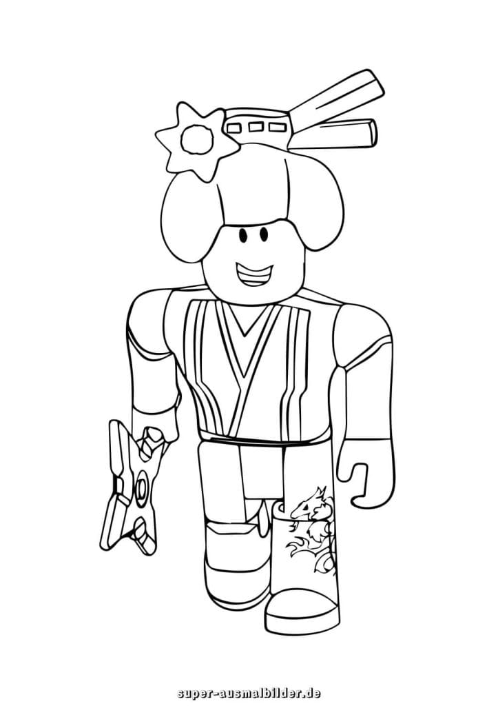 Roblox Ausmalbild – Japanischer Kämpfer mit Stern und Tattoo, kostenlose Malvorlage für Kinder zum Drucken