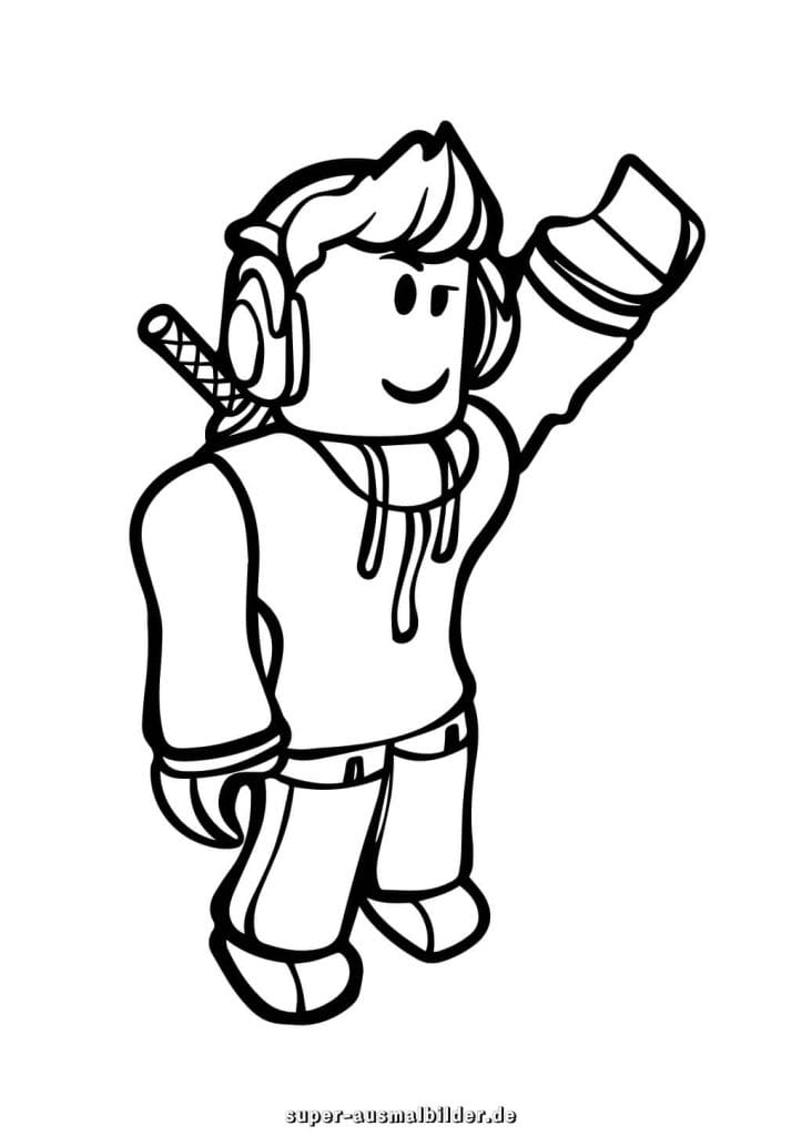 Roblox Ausmalbild – Junge mit Kopfhörern und Schwert, Heldenfigur zum kostenlosen Ausdrucken und Ausmalen