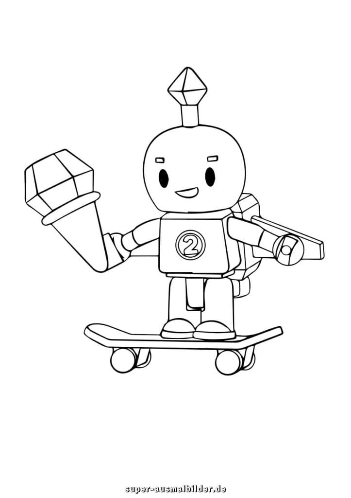 Roblox Ausmalbild – Lustiger kleiner Roboter mit Diamant und Skateboard, kreative Malvorlage für Kinder