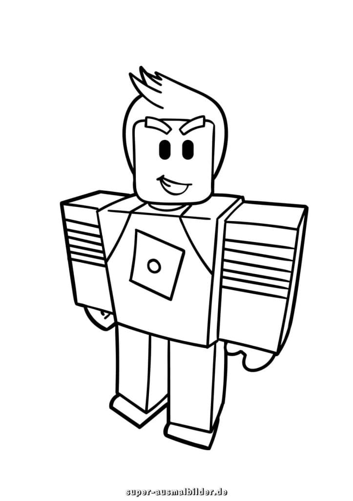 Roblox Ausmalbild – Mutiger Held mit eckigen Schultern und selbstbewusstem Lächeln, gratis Malvorlage zum Ausdrucken