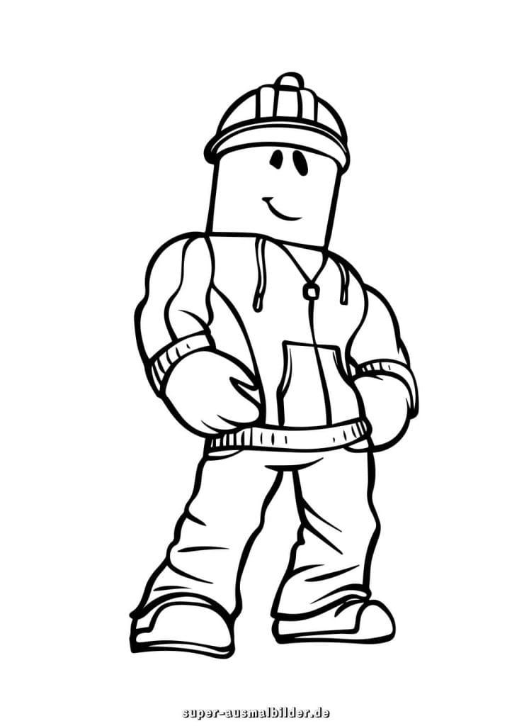 Roblox Ausmalbild – Spieler im Hoodie mit Helm, einfache Malvorlage für Kinder zum kostenlosen Download