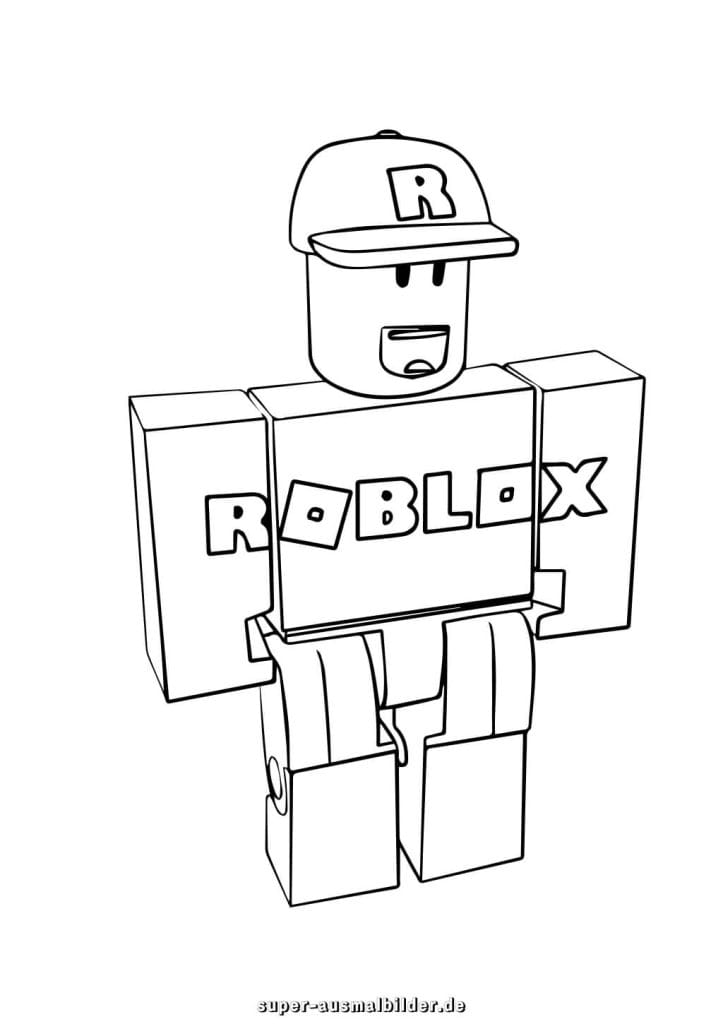 Roblox Ausmalbild – Spieler mit Kappe und Logo, Roblox Schriftzug auf dem Körper, gratis zum Drucken
