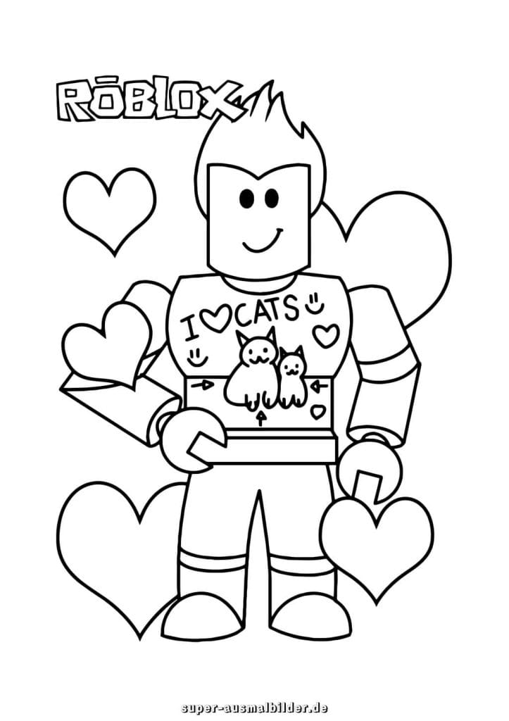 Roblox Ausmalbild – Spieler mit „I love Cats“ Shirt und Herzen, süße Malvorlage zum Ausdrucken für Kinder und Katzenfans