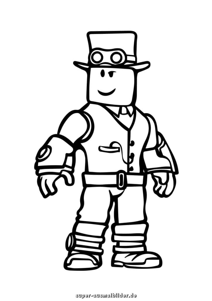 Roblox Ausmalbild – Steampunk Held mit Hut, Brille und Rüstung, kostenlose Malvorlage für Jungen