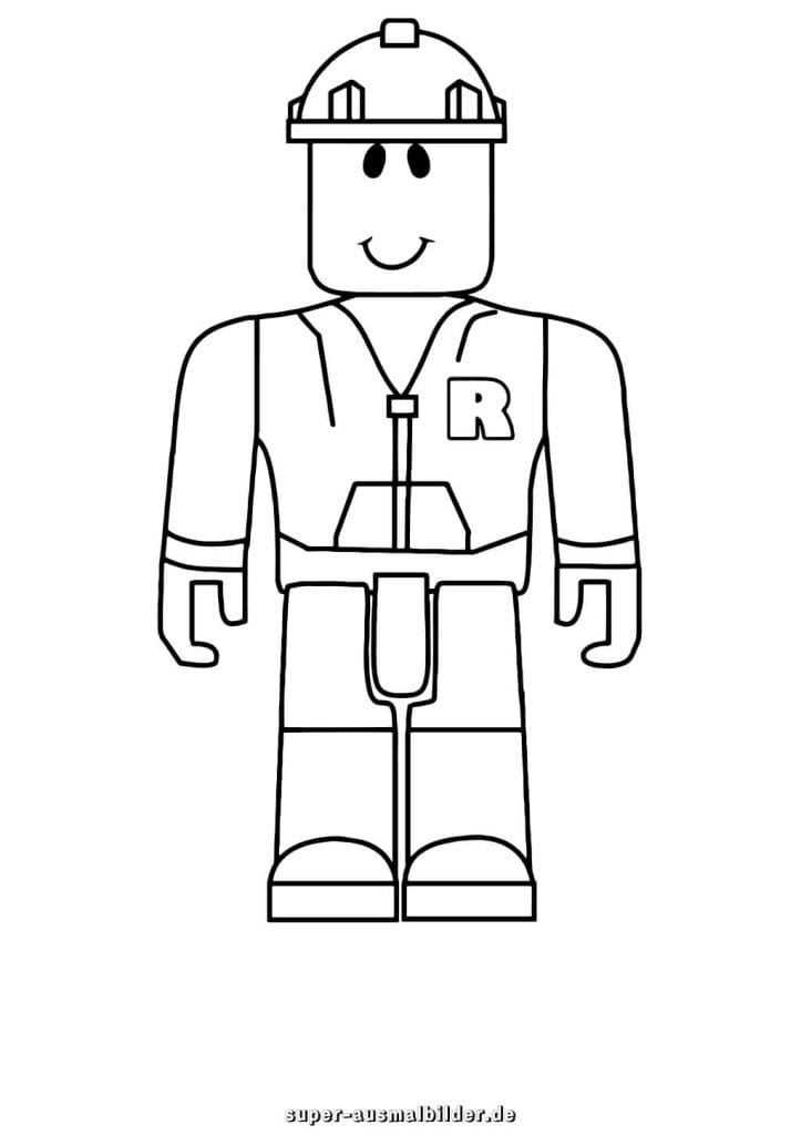 Roblox Bauarbeiter Ausmalbild – Figur mit Helm und Buchstabe R, einfache Malvorlage für kleine Kinder