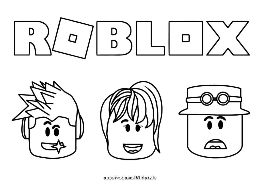 Roblox Köpfe Ausmalbild – Drei Gesichter mit Roblox Schriftzug, kostenlose Malvorlage für Kinder und Fans