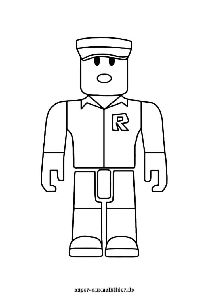 Roblox Malvorlage – Klassischer Charakter mit Mütze und Buchstabe R, einfache Ausmalvorlage für Kinder