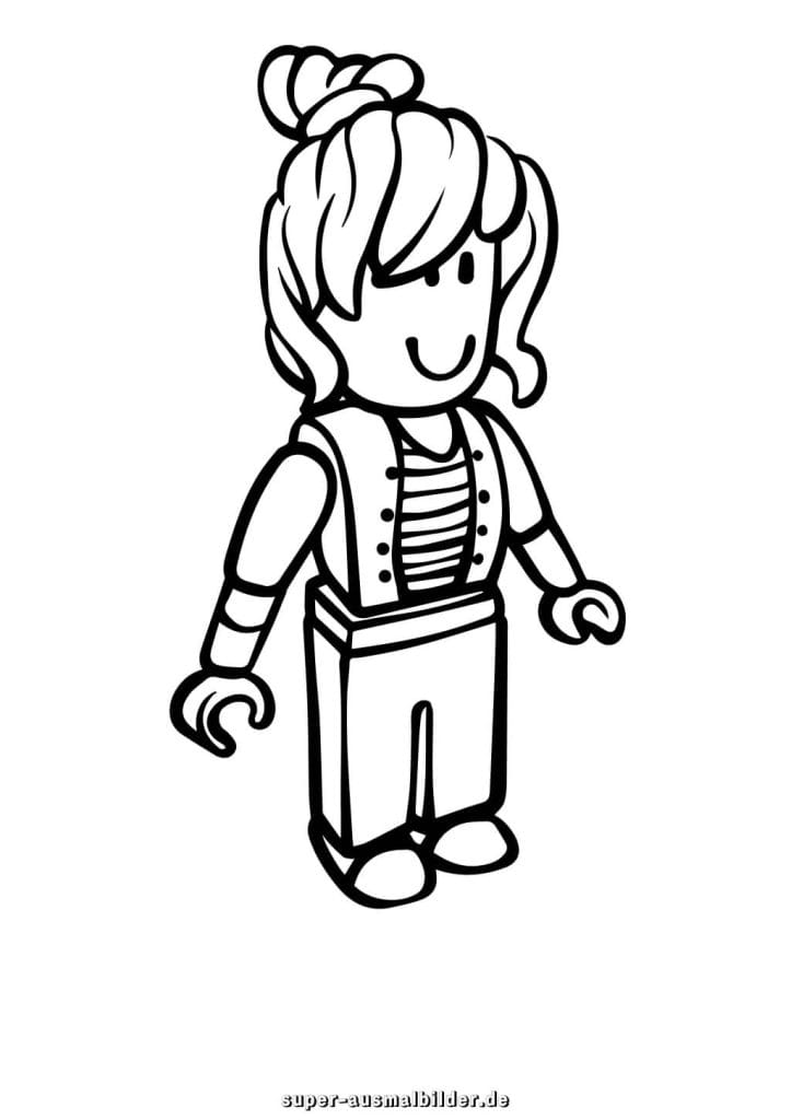 Roblox Malvorlage – Mädchenfigur mit Dutt und gestreiftem Shirt, kostenlose Ausmalvorlage für Kinder