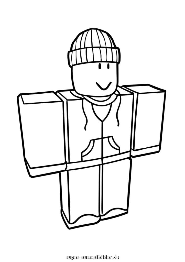 Roblox Malvorlage – Spieler mit Mütze und Hoodie, einfache Ausmalvorlage für Jungen und Mädchen