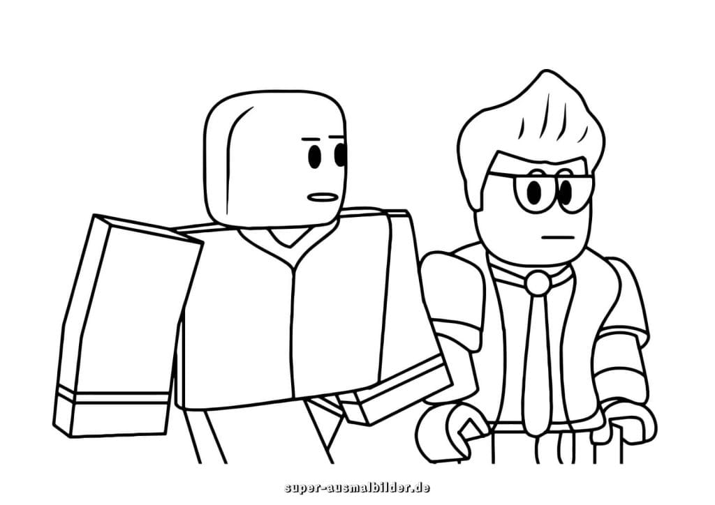 Roblox Malvorlage – Zwei Charaktere in Anzügen sprechen über ihr Abenteuer, gratis Ausmalbild für Jungen und Mädchen