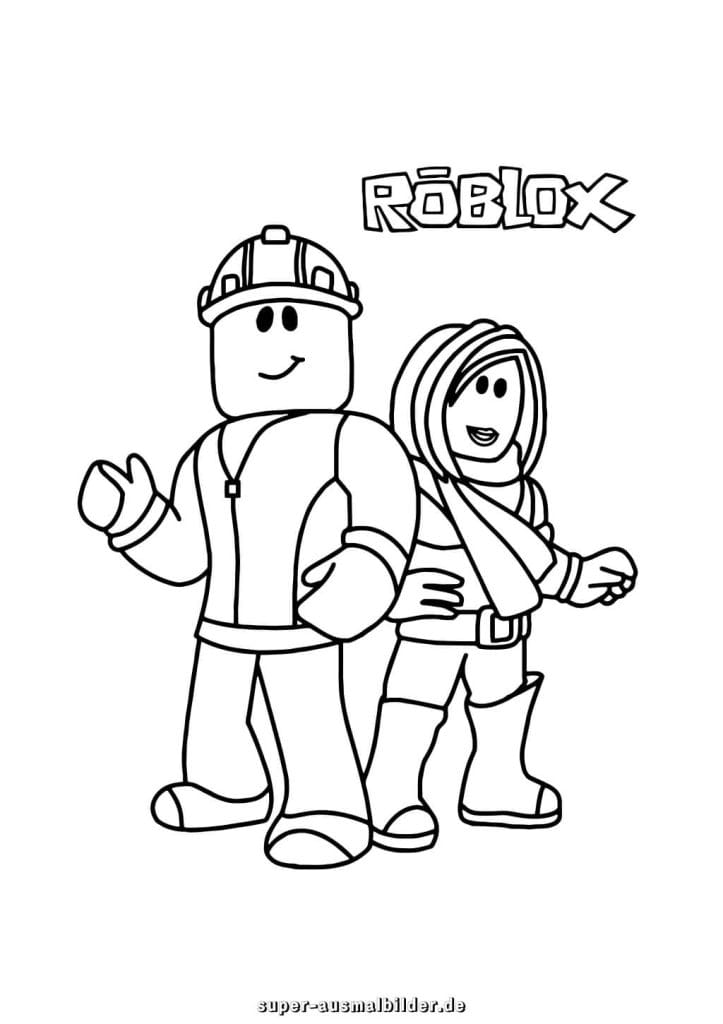 Roblox Malvorlage – Zwei Spielfiguren, Mann und Frau, gemeinsam vor Roblox Logo, kostenlos zum Ausmalen