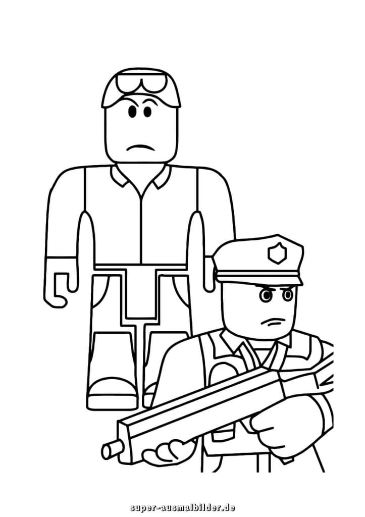 Roblox Malvorlage – Zwei Spielfiguren, Soldat mit Waffe und Partner im Hintergrund, kostenlose Ausmalbilder