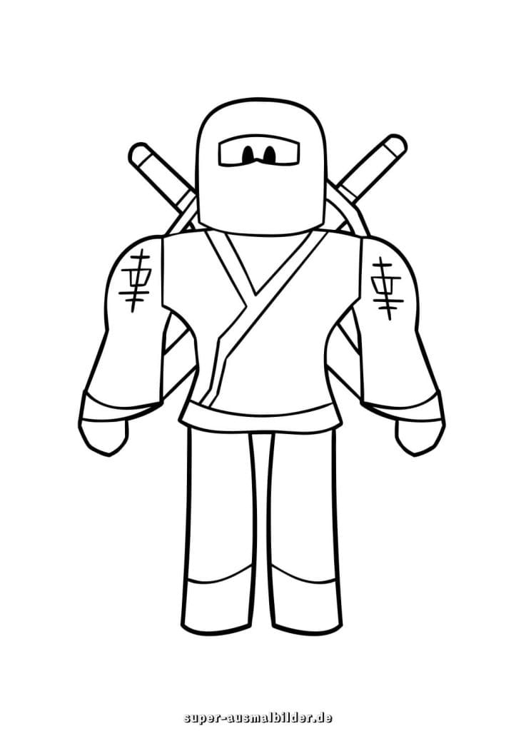 Roblox Ninja Ausmalbild – Krieger mit zwei Schwertern und Maske, spannende Malvorlage für Jungen und Mädchen