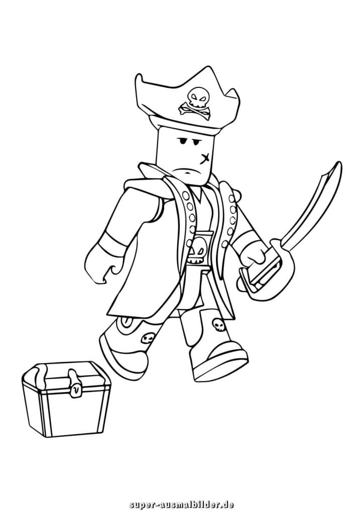 Roblox Pirat Ausmalbild – Freibeuter mit Schatztruhe und Schwert, spannende Malvorlage für Kinder