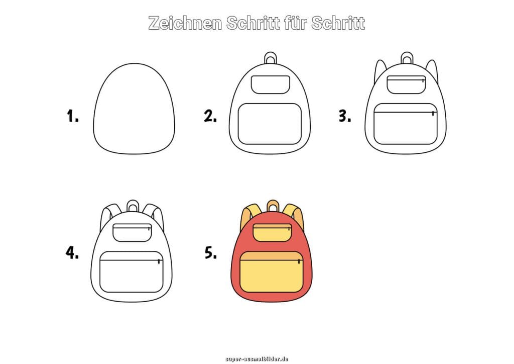 Rucksack zeichnen Schritt für Schritt – einfache Anleitung für Kinder, um einen Schulrucksack in fünf Schritten zu malen