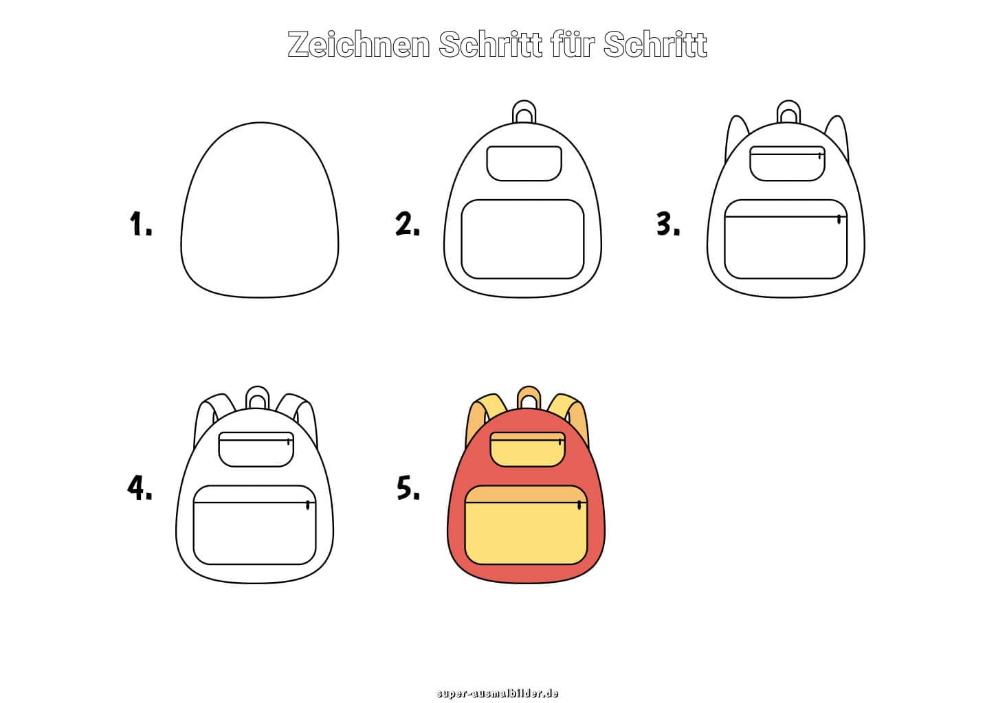 Rucksack zeichnen Schritt für Schritt – einfache Anleitung für Kinder, um einen Schulrucksack in fünf Schritten zu malen