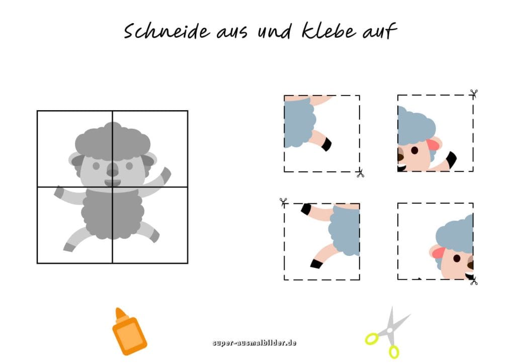 Schaf Ausschneidevorlage Niedliches Tier ausschneiden und aufkleben, kostenlose Bastelübung für Vorschulkinder