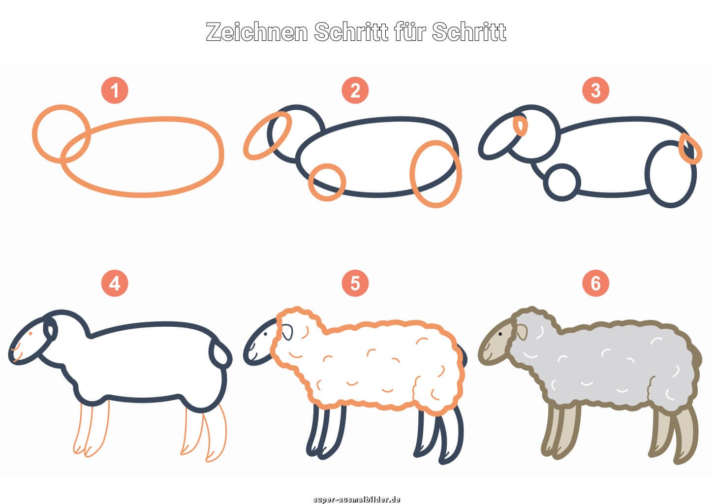 Schaf zeichnen Schritt für Schritt – einfache Anleitung für Kinder mit süßem grauen Schaf
