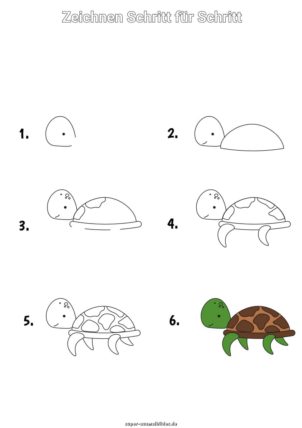 Schildkröte zeichnen Schritt für Schritt – einfache Anleitung für Kinder mit süßer grüner Schildkröte