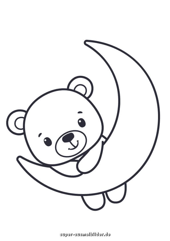Schlafbär. Kleiner Bär auf dem Mond – niedliche Ausmalvorlage für Kinder zum kostenlosen Drucken