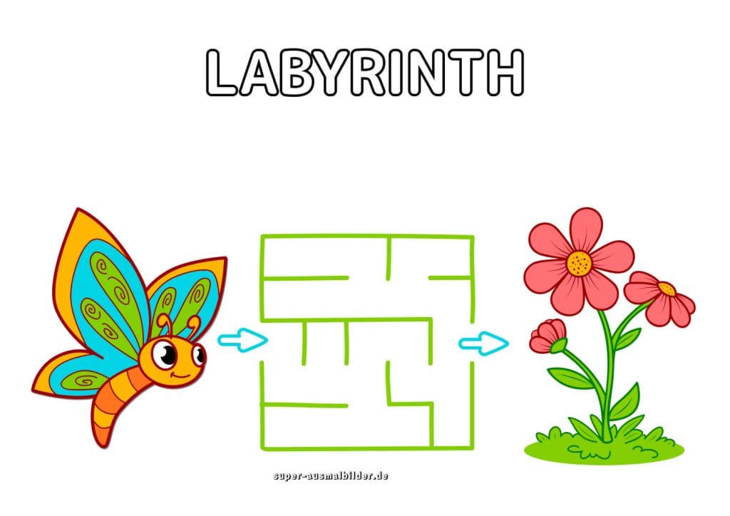 Schmetterling und Blume Labyrinth Frühlingslabyrinth für Kindergarten gratis drucken
